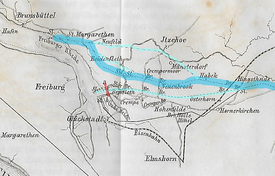 1863 Planung Holsteiner Kanal
- Trassen Varianten - von der Elbe bei St. Margarethen quer durch die Wilstermarsch zur Lübecker Bucht 