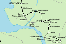 Linienführung der Marschbahn zwischen Wilster und St. Michaelisdonn nach und vor 1920