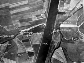 1935 Luftbild Nord- Ostsee Kanal, Kattenstieg, Burger Au, Wilsterau/Holstenau, historische Schleusen