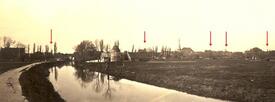 1880 Wilsterau am Audeich - Blick auf die Stadt Wilster; Spinnkopf Mühlen auf den Dächern von Häusern und Betriebsstätten