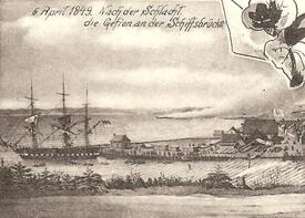 Schleswig-Holsteinische Erhebung - Gefecht in der Eckernförder Bucht am 05.04.1849; die erbeutete dänische Fregatte GEFION an der Schiffsbrücke 