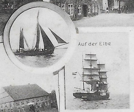 1898 Fracht-Ewer, Bark und Schlepper GOLIATH  auf der Elbe bei St. Margarethen
