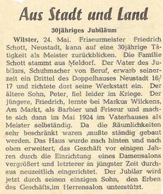 1954 Bericht der Wilsterschen Zeitung über das 30-jährige Jubiläum des Friseurmeisters Friedrich Schott in Wilster