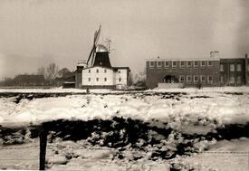 1963 Blick von Diekdorf über die Wilsterau auf die Windmühle AURORA und die Stemag 