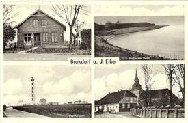 1950 Brokdorf an der Elbe - Geschäftshaus, Deich, Elbe, Leuchtturm, Kirche