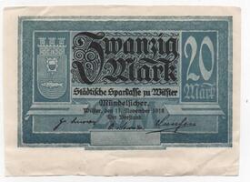 (1918) Probedruck Notgeld-Schein zu 20 Mark der Stadt Wilster