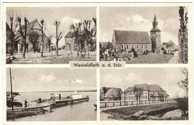 1952 Wewelsfleth – Kaufhaus, Fähre über die Stör, Kirche, Schule