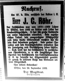 Wilstersche Zeitung 28.09.1932
Nachruf der Stadt Wilster auf
Rektor i.R. Johann Christian Röhr