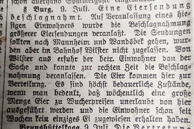 1919 Dithmarscher Landeszeitung berichtet
Eiersendung auf dem Bahnhof Wilster beschlagnahmt.