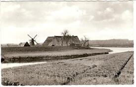 1950 Bauernhof und Windmühle in der Stör-Marsch bei Itzehoe
