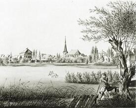 1830 Zeichnung Wilster in der Totale - Palais Doos, Bürgermeister Garten, Kirche St. Bartholomäus