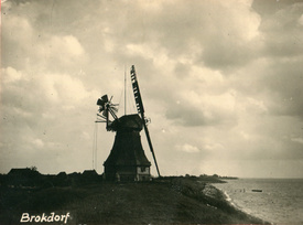 1930 Windmühle auf dem Deich der Elbe bei Brokdorf