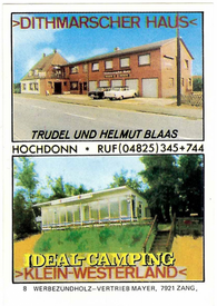 Etikett einer Reklame Zündholz-Schachtel der Gaststätten "Dithmarscher Hof" und "Strandhalle Klein Westerland" in der Gemeinde Hochdonn am Nord- Ostsee Kanal