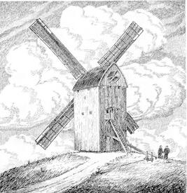 Getreide-Bockmühle aus dem 16. Jahrhundert auf einer Wurt im Bereich Landscheide / Neumühlen