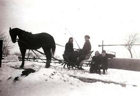 Winter 1949/50 Pferdeschlitten für den Personentransport auf dem Hof Dibbern in Honigfleth, Gemeinde Stördorf 