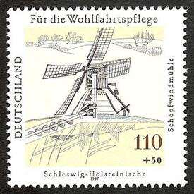 1997 Schöpfmühle Honigfleth auf einer Briefmarke der Bundespost (Mi. Nr. 1951)