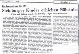 15.09.1952 Zeitungsbericht über die durch US-Amerikanische Spenden ermöglichte Einrichtung einer JRK Nähstube an der Mittelschule Wilster