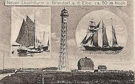 1915 Leuchtturm Brokdorf, Fracht Ewer und Dreimast-Marssegelschoner auf der Elbe vor Brokdorf