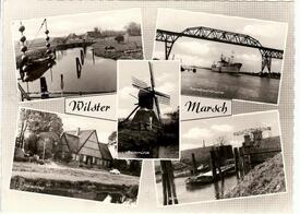 1963 Mehrbildkarte mit Motiven aus der Wilstermarsch - Schleuse Kasenort, Gehöft, Schöpfmühle Honigfleth, Hochbrücke Hochdonn