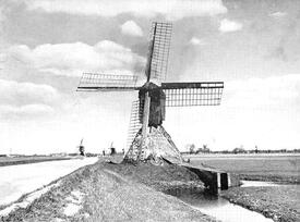 1933 Kokermühlen und eine Achtkantmühle sowie Windräder an der Dwerfelder Wettern in der Wilstermarsch