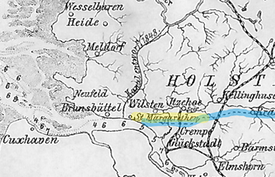 1863 Planung Holsteiner Kanal
von der Elbe bei St. Margarethen quer durch die Wilstermarsch zur Lübecker Bucht