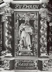 1962 - Detail der Kanzel aus dem Jahr 1709 in der Kirche St. Nicolai zu Beidenfleth in der Wilstermarsch